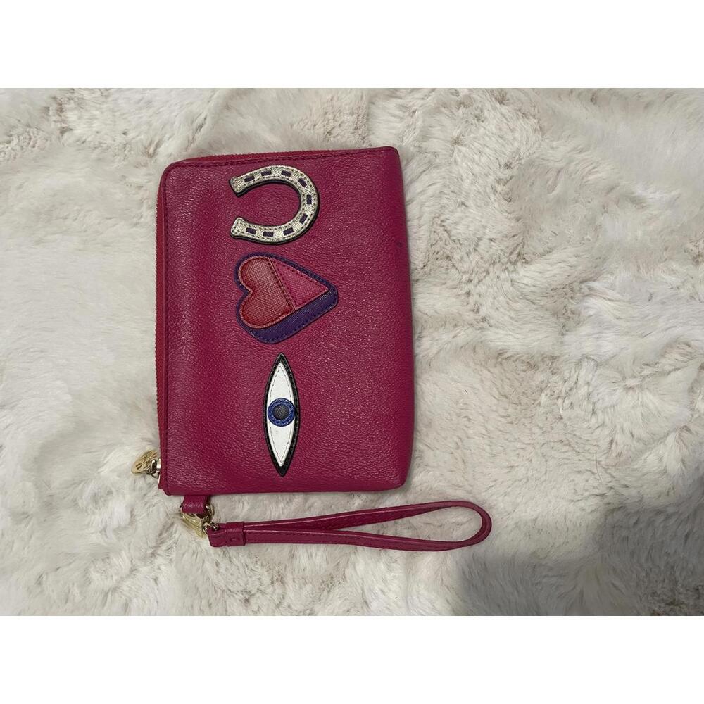 Tory Burch I Love You Leather Wristlet RARE PINK
